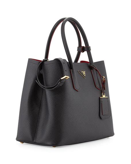 prada saffiano cuir medium double tote bag black nero|prada double leather tote.